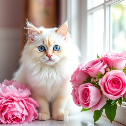 A fluffy white cat with striking blue eyes sitting beside a bouquet of pink peonies and roses in a bright indoor setting next to a window with soft natural light.