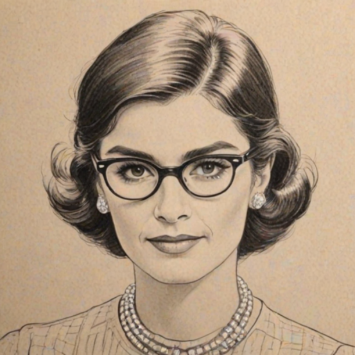 Delightful Coco Chanel, pencil sketch, portrait of Charming woman 1973s in glasses, hair style beatnik, outline, clear lines, fine lines, 8k
