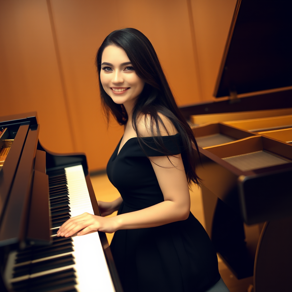 A young woman with long, dark hair smiles at the viewer as she sits at a grand piano, her right hand poised over the keys. The scene is lit by warm, natural light, highlighting the elegant simplicity of the woman's black dress. The perspective is from the side, emphasizing the contrast between the woman's delicate form and the grand scale of the piano. The ivory keys and dark wood of the piano create a striking visual contrast, further emphasized by the rich black of her dress.