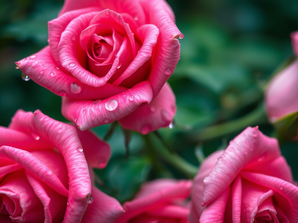 capture a close-up of pink roses with raindrops on petals, natural lighting, f/2.8 aperture, ISO 100, 1/200s shutter speed, macro lens, DSLR camera, focus on flower detail
