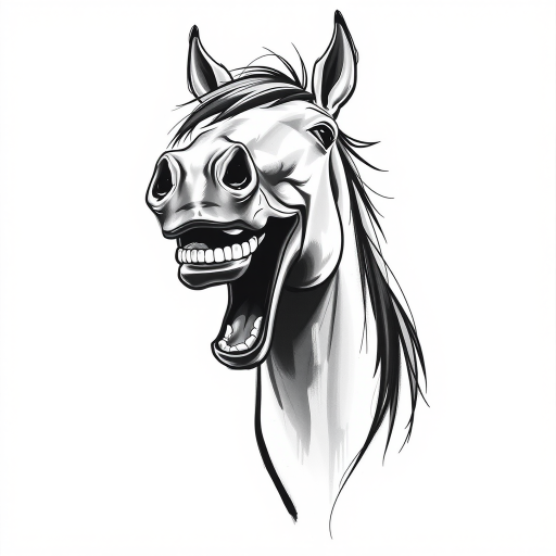Abstract black and white acrylic portrait of an over exaggerated laughing (horse). Minimalism style. White background.