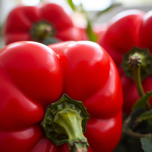 red bell pepper, close-up shot, f/2.8, ISO 100, 50mm lens, soft natural lighting, shallow depth of field, high-resolution detail