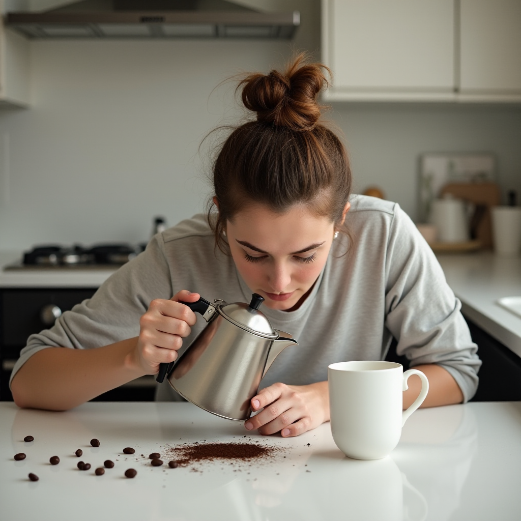 A portrait capturing a humorous and relatable scene of morning exhaustion. A woman with a messy bun, is slumped over a kitchen table, head resting on the surface in apparent fatigue. Despite their exhaustion, they are attempting to pour coffee from a pot, but instead of pouring the coffee into the mug she is pouring it onto the kitchen table. The kitchen setting is minimal, with simple countertops and a tiled backsplash in the background. Scattered coffee beans and an empty cup add to the sense of early morning chaos. The overall mood is lighthearted, portraying the struggle of waking up and the desperate need for coffee in a comedic yet relatable way.