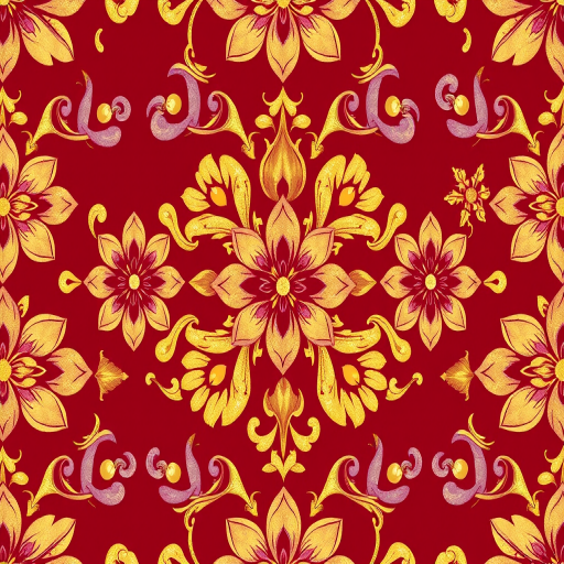 create a seamless pattern of intricate floral designs in rich burgundy background with gold and purple accents, 50mm lens, f/8 aperture, ISO 100, shot from above with a soft focus macro style, using a digital DSLR camera.