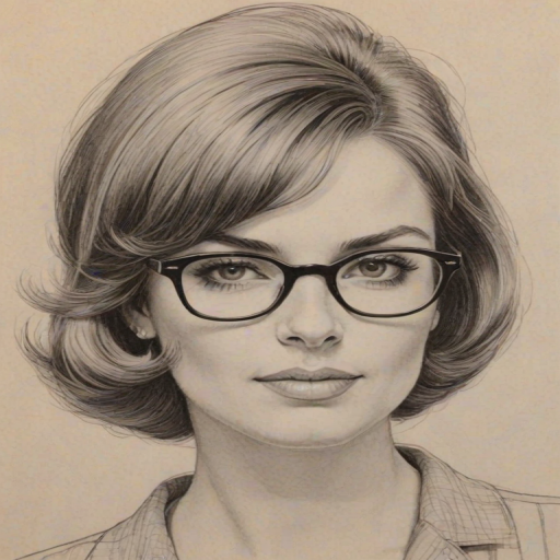 Ravishing Annie Jacob, pencil sketch, portrait of Dazzling woman 1964s in glasses, hair style beatnik, outline, clear lines, fine lines, 8k