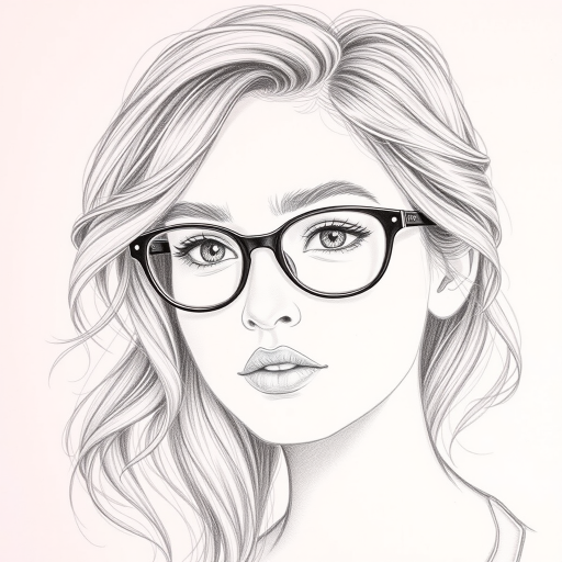 Create a stunning and detailed pencil drawing of a young woman with wavy hair and glasses, capturing her captivating expression and delicate features.