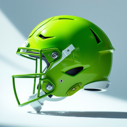 Create a high-resolution image of a glossy lime green football helmet, side view, using a DSLR camera with a 50mm lens, aperture f/1.8, ISO 100, natural lighting for enhanced reflections and details.