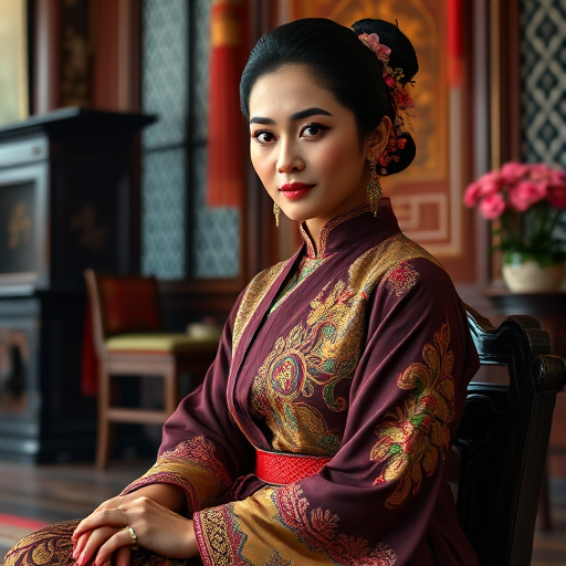 A beautiful Indonesian woman in traditional East Asian attire, intricately detailed with embroidered patterns, sitting gracefully in a richly decorated room, soft ambient lighting, serene and elegant, ultra-realistic, 8K resolution
