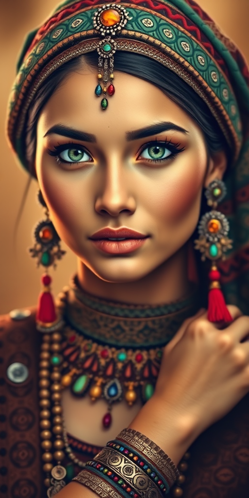 Create a portrait of a beautiful Aztec woman with striking green eyes and a gentle expression. She is adorned in traditional attire with intricate patterns, including a richly embroidered headscarf and matching garments. Her jewelry includes a delicate headpiece, dangling earrings, and ornate bracelets, all featuring vibrant gemstones and detailed metalwork. The background is soft and warm, enhancing the rich colors of her outfit and jewelry.