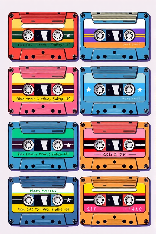 Create an illustration of six colorful cassette tapes arranged in two rows with vibrant labels and unique color schemes, use a digital drawing style, employ high resolution settings at 300 DPI, simulate a top-down view, include soft lighting for depth and enhancement.
