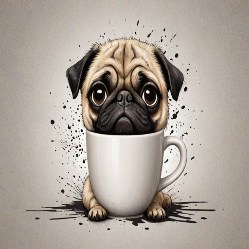 A quirky, artistic illustration of a disheveled puggat dog breed with exaggerated, large eyes and spiky fur, holding a coffee mug that reads "Good Morning". The dog has a tired but humorous expression, with ink splatters and abstract details surrounding it, giving a whimsical feel to the image. The color palette is mostly monochrome with hints of black in the eyes and steam rising from the mug, enhancing the overall sleepy vibe