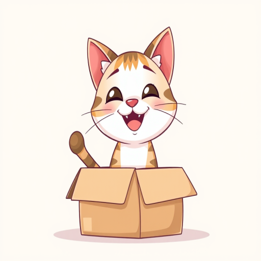 Create a cute cartoon-style illustration of a happy cat sitting in a cardboard box, use a soft pastel color palette for the background with a smiling expression, ensure high detail and clarity, shot with a DSLR camera at f/2.8 aperture, 50mm lens, natural lighting, and a shallow depth of field to enhance the focus on the cat.