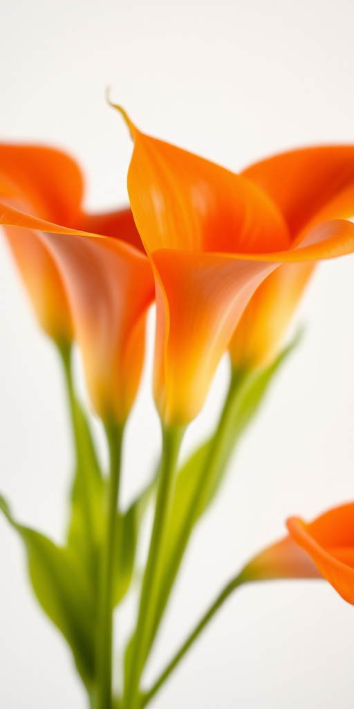 high-resolution photography of vibrant orange calla lilies against a soft white background, aperture f/1.8, shutter speed 1/200, ISO 100, taken with a macro lens on a full-frame DSLR, frontal view, shallow depth of field to enhance details and colors.
