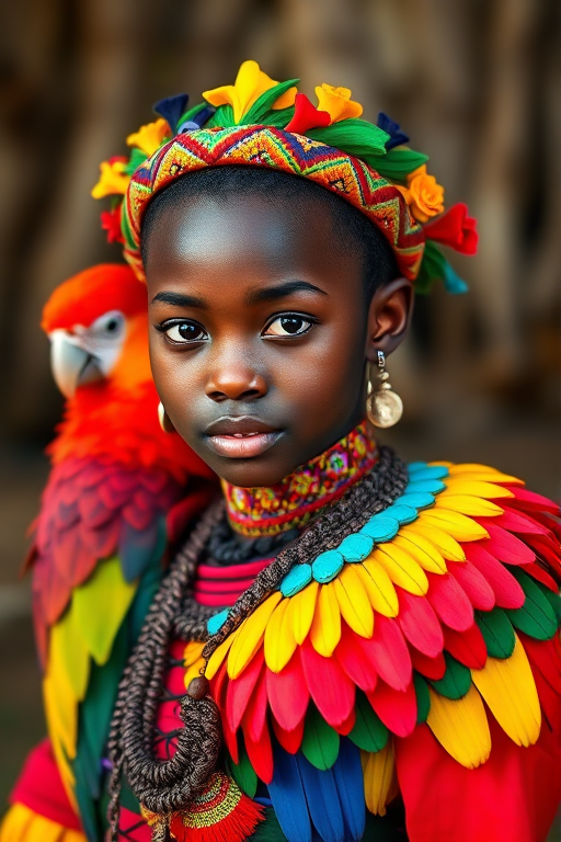 A beautiful Garifuna girl, wearing colorful bird clothing with vibrant colors