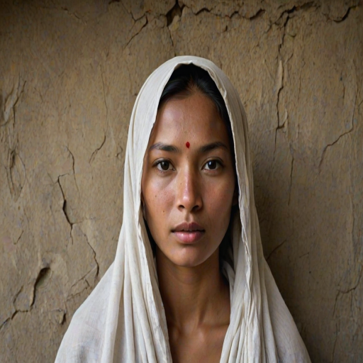 Create a close-up photographic image of a Nepali woman with light skin tones shown against an old, worn wall. Their head is wrapped in a white cloth covering (i.e.... parts of the head except the nose and mouth, which are open as if they are screaming...), with a slight texture and visible folds in the fabric. Thin strands of blonde hair escape from the wrapping above, falling lightly at the top and sides. Their hands hold the fabric as if they are tugging nervously. The lighting is dramatic and even, casting strong shadows. The image has a minimalist and surreal style with an emphasis on simplicity with soft color tones. The composition is centered.