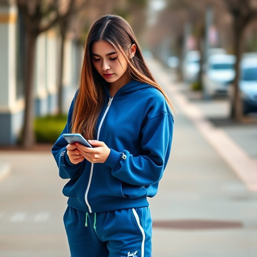 Regenerate a full-body shot of a young woman with long hair wearing a blue tracksuit, standing on a sidewalk, absorbed in her phone, soft natural lighting, shallow depth of field, using a Canon EOS R5 with an 85mm f/1.2 lens, aperture set to f/2.8, ISO 100, and a shutter speed of 1/200s.