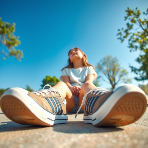 Generate an ultra-realistic, highly detailed, high-definition photograph. It's a photo of a girl sitting on the floor. She's looking at the horizon. The photo is taken from the bottom up, at ground level. The girl's sneakers are in the foreground, in the center of the scene. The girl is wearing light clothes, a t-shirt and short shorts. The sky is blue. Bright environment. The background is a blurred image of a park.