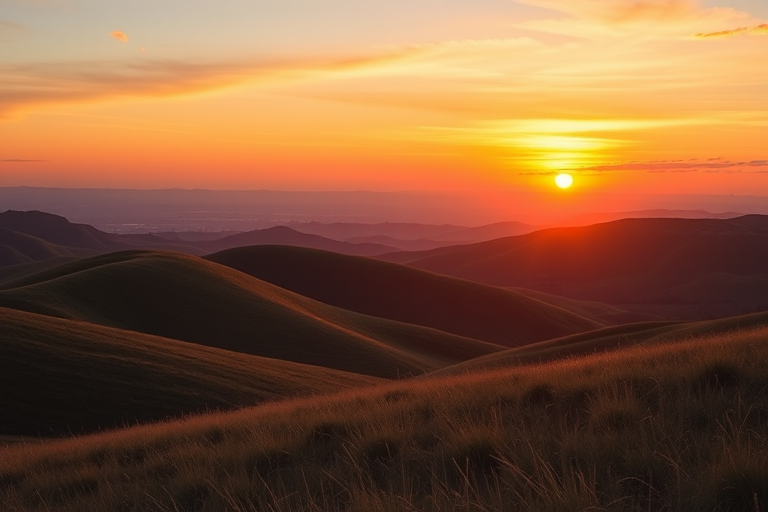 Create a detailed and vivid image of a serene landscape with rolling hills and a vibrant sunset, using a Canon EOS R5 camera, 24mm lens, f/8 aperture, ISO 100, shot in landscape orientation at golden hour for enhanced colors and depth.
