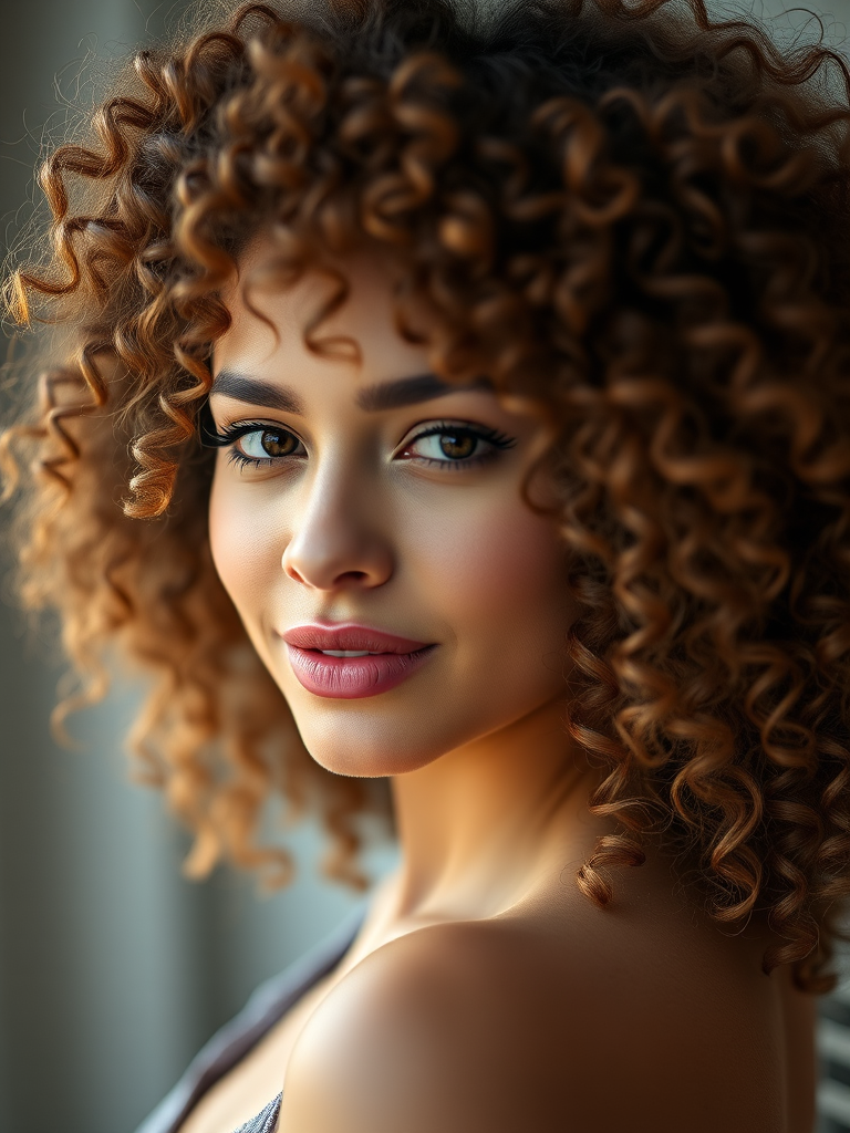 Create an image of a woman with voluminous curly hair, captured with a Canon EOS R5, 50mm lens, f/1.8 aperture, ISO 100, in portrait mode, natural lighting, smooth bokeh background.