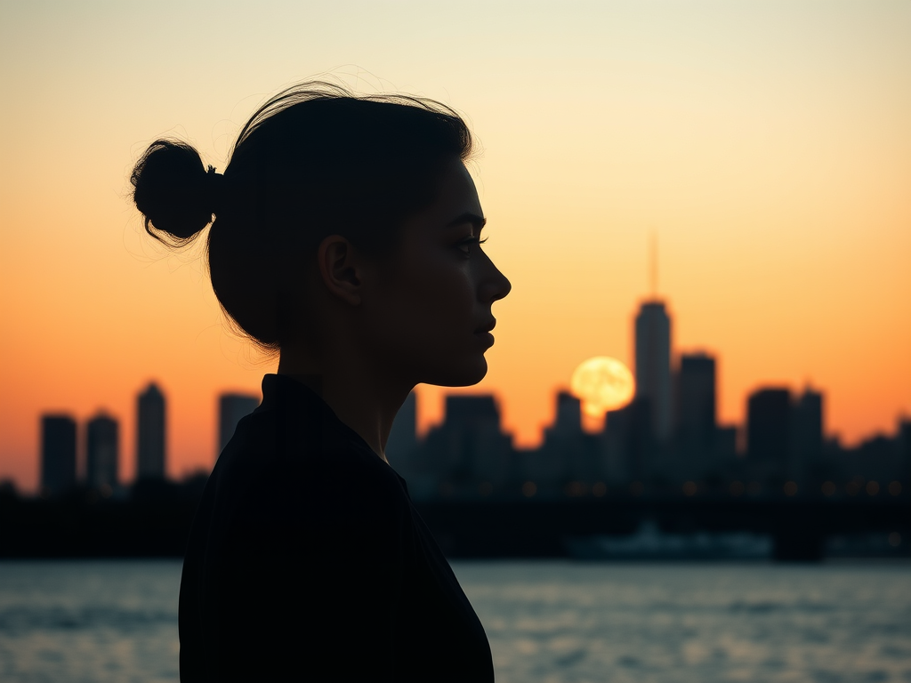 Create an artistic silhouette of a profile with a city skyline overlayed in warm tones, including a full moon in the background, using a Canon EOS R5 with a 50mm lens, aperture f/1.8, ISO 100, shot from a mid-angle view with soft focus to enhance depth and contrast.