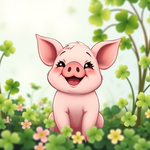 Create a cute cartoon-style image of a joyful piglet surrounded by clovers, using a soft-focus lens with an aperture of f/2.8 for shallow depth of field, a 50mm lens for a tight frame, and vibrant colors for a cheerful atmosphere.
