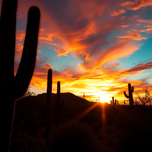 Create a vibrant desert sunset scene with a wide-angle view, using a full-frame DSLR camera set to f/11, ISO 100, and a shutter speed of 1/125 sec, capturing the rich colors of the sky and detailed silhouettes of cacti and shrubs in the foreground with long shadows.
