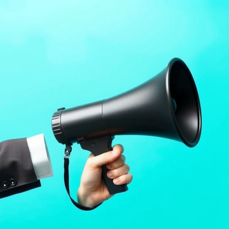 Create an illustration of a black megaphone held by a hand wearing a suit sleeve against a bright turquoise background, with a blank speech bubble to the right, captured using a high-resolution digital camera, with a shallow depth of field, in natural light, and framed in a medium shot for clarity and emphasis.