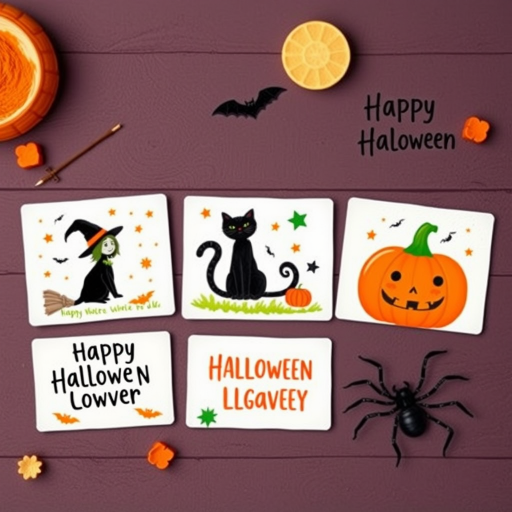 Create a vibrant Halloween-themed illustration featuring six cards with a witch, a black cat, a pumpkin, a spider, and Halloween phrases in a whimsical style, using a Canon EOS R5 with a 24-70mm f/2.8 lens, aperture set to f/4, ISO 200, in a top-down view for enhanced detail and color saturation.