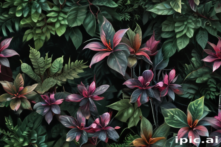 Vibrant Tropical Foliage with Lush Green Leaves and Colorful Blooms