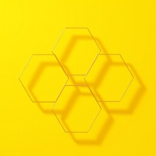 Create a high-resolution illustration of three interlocking honeycomb hexagons, vibrant yellow color, soft shadows, 50mm lens, f/2.8 aperture, ISO 100, top-down view, digital illustration style.