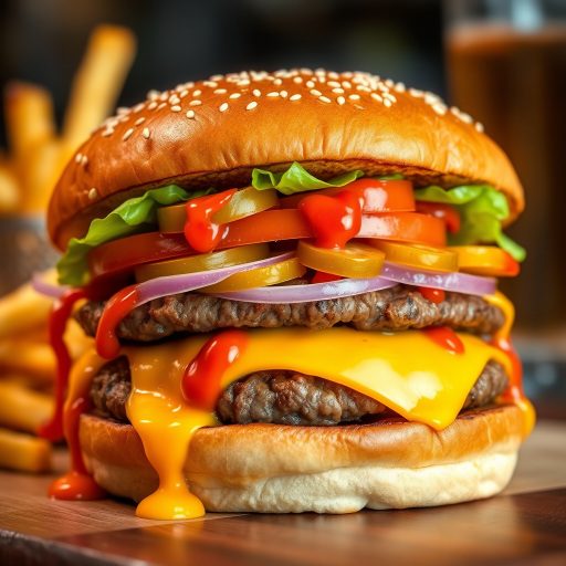 High-resolution, close-up image of a gourmet double cheeseburger. The burger features a glossy, sesame-seed-topped brioche bun. Inside, there are two thick, juicy beef patties, each topped with melted cheddar cheese. The burger is garnished with fresh lettuce, tomato slices, diced onions, and pickles. A generous amount of ketchup and a creamy, orange-colored sauce is dripping down the sides, adding to the mouth-watering appeal. In the background, there are blurred elements including a side of golden French fries and a hint of a beverage, enhancing the overall presentation of a delicious meal.