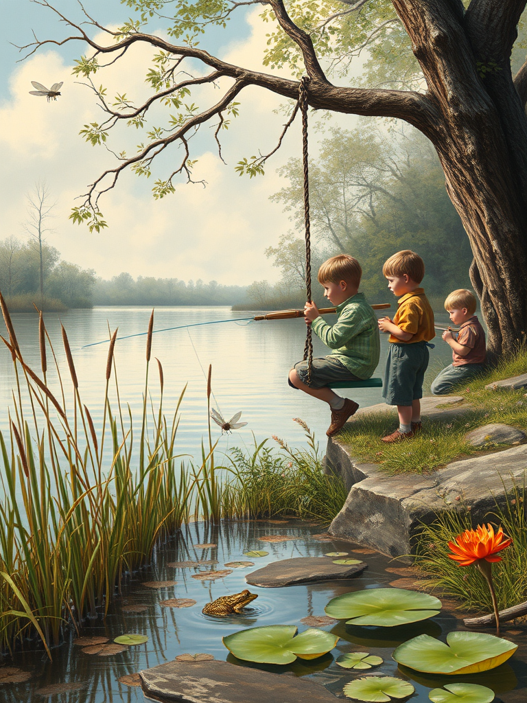 Imagine a small group of old fashioned young boys out fishing by the creek, a swing hanging from a tree branch, reeds and grasses by the water's edge, a frog sitting on a lily pad, dragonflies hovering over som water plans, a very iconic old fashioned scene reminiscent of a Norman Rockwell painting style