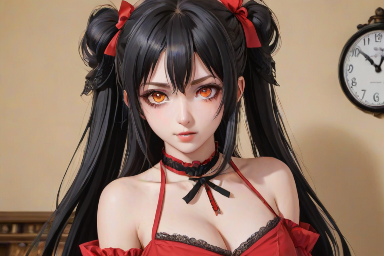 kurdef, long hair, black hair, twintails, hairband, red eyes, yellow eyes, clock eyes, heterochromia, bare shoulders, detached sleeves, choker, red dress, cleavage, bow,