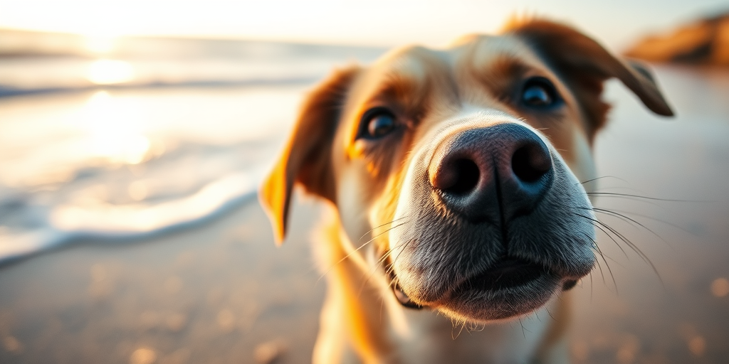 Capture a close-up of a dog at the beach with an emphasis on its expressive face, using a 50mm lens, aperture f/1.8, ISO 100, shutter speed 1/500s, natural light during golden hour, and a shallow depth of field to blur the background waves.