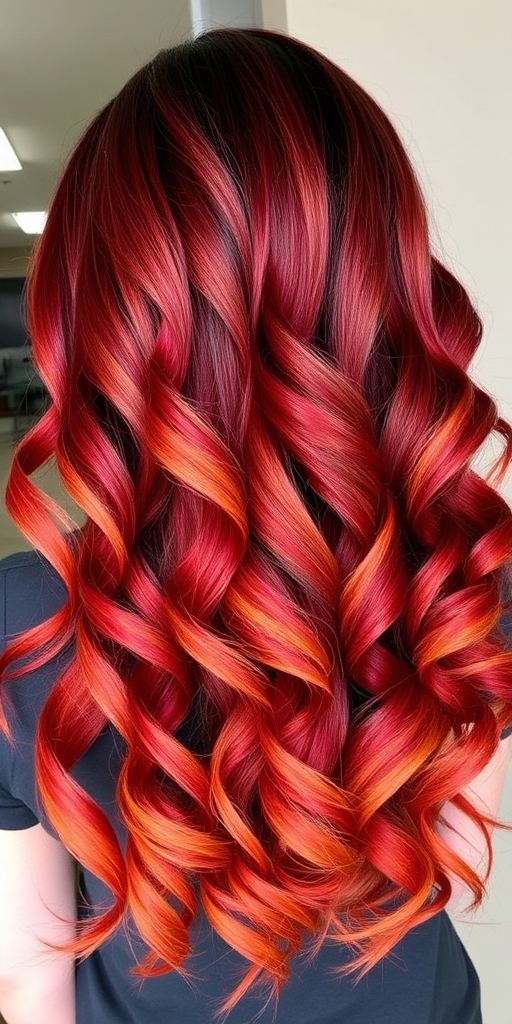 Fiery ombré locks transitioning from deep burgundy roots to bright copper tips, styled in voluminous spiral curls dubbed "Autumn Flame" emanating warmth and passion