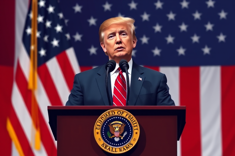 Create a digital illustration of a generic politician speaking at a podium, American flag in the background, using a vector art style, shot with a Canon EOS R5, ISO 100, f/4.0, 50mm lens, frontal view, high contrast colors for enhanced visual impact.