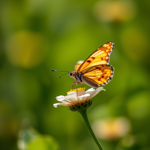 Capture a close-up shot of a butterfly perched on a flower with a blurred green background, using a DSLR camera, 85mm f/1.8 lens, aperture set to f/2.8, ISO 200, shutter speed 1/400s, natural light, focus on the butterfly and shallow depth of field.