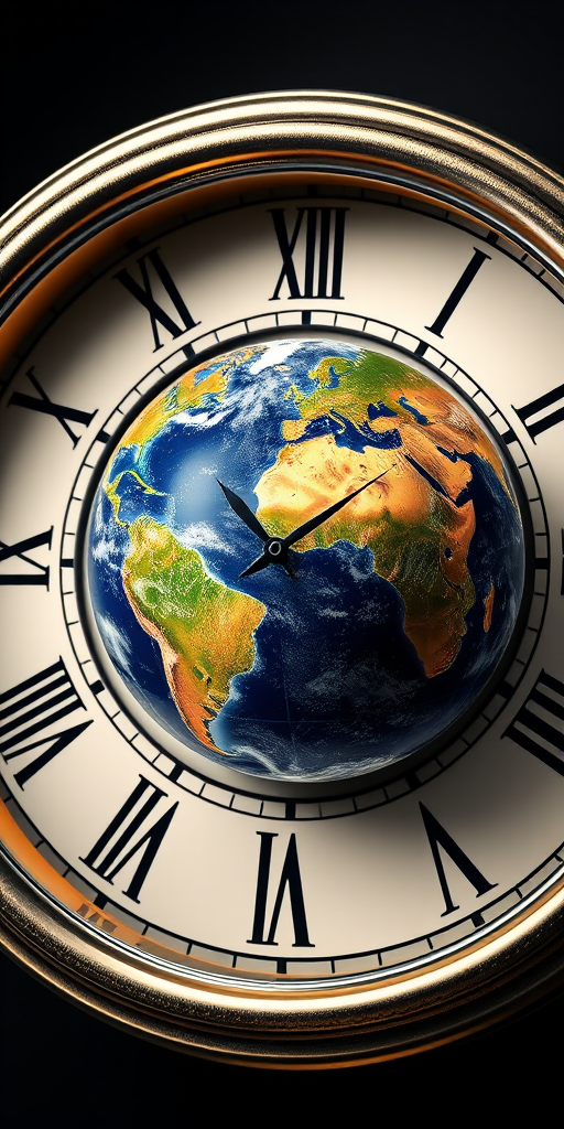 Create a highly detailed 3D rendering of Earth positioned within a clock face, showcasing continents and oceans vividly, with a glossy metallic rim around the clock face featuring Roman numerals, in a high-resolution format, captured with a DSLR camera at f/2.8 aperture, ISO 100, with a wide-angle lens at 24mm, in a studio lighting setup to enhance color contrast and depth.
