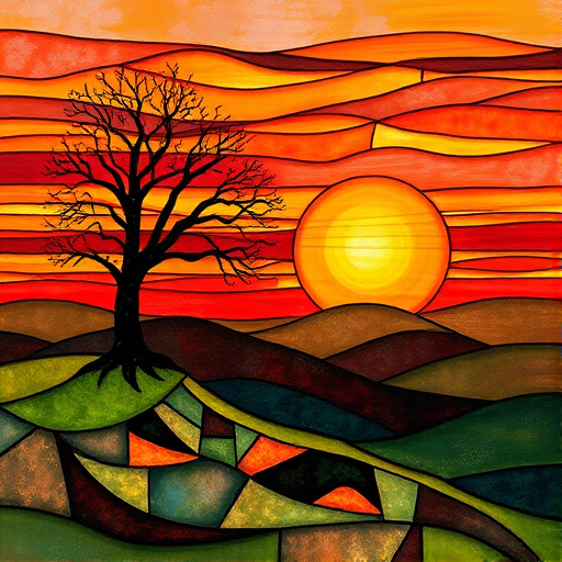 A vibrant abstract painting on Tiffany Glass, blending acrylic and alcohol ink techniques, captures a dramatic sunset over rolling hills. The artwork features a textured, rocky foreground in green and brown, layered abstract hills, and a striking sunset in rich oranges, yellows, and reds. A solitary black tree with intricate branches contrasts against the fiery sky, creating a dynamic and expressive portrayal of a breathtaking natural scene.