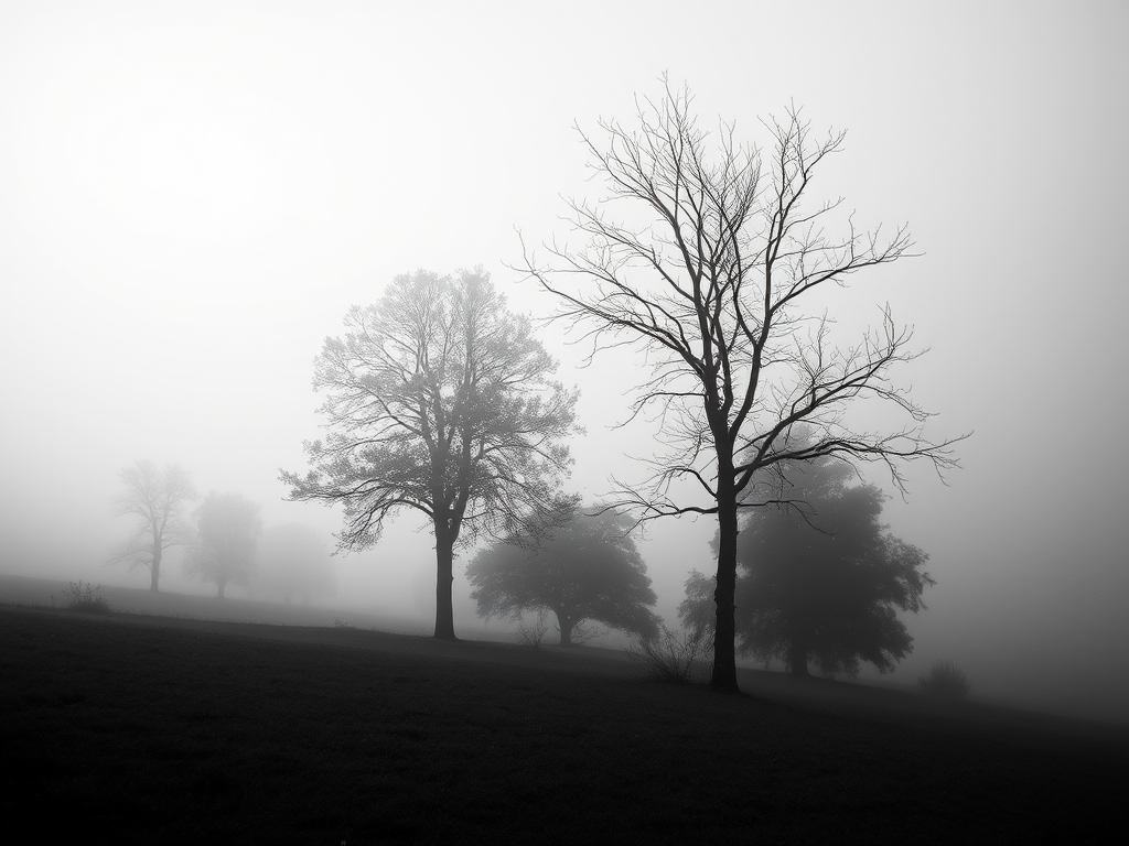 create a black and white landscape image featuring silhouetted trees in a foggy atmosphere, shot with a DSLR camera using a 50mm lens, aperture f/1.8, ISO 200, shutter speed 1/250s, at a low angle view to emphasize depth and texture.