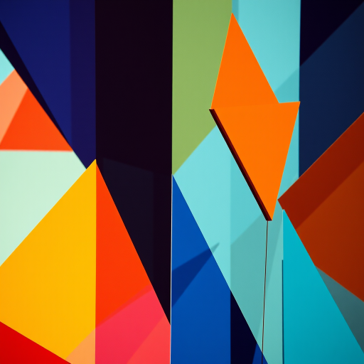 Create an abstract digital artwork featuring geometric shapes and contrasting colors, photographed with a DSLR camera at f/8 aperture, ISO 100, 50mm lens, in natural light, capturing a close-up perspective to enhance detail and vibrancy.