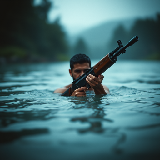 cinematic film still of  a man holding a AK-47 gun in the water, shallow depth of field, vignette, highly detailed, high budget, bokeh, cinemascope, moody, epic, gorgeous, film grain, grainy