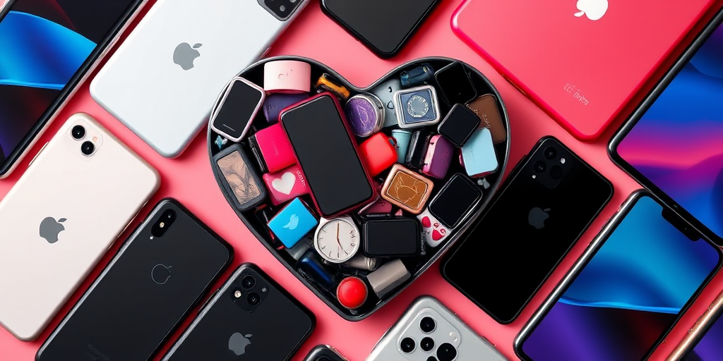 Create a high-resolution digital artwork of a heart shape filled with various smartphone designs, using a DSLR camera with a 50mm lens, aperture f/1.8, ISO 100, and 1/200 sec shutter speed, focused on capturing vivid details and vibrant colors in a flat lay style.