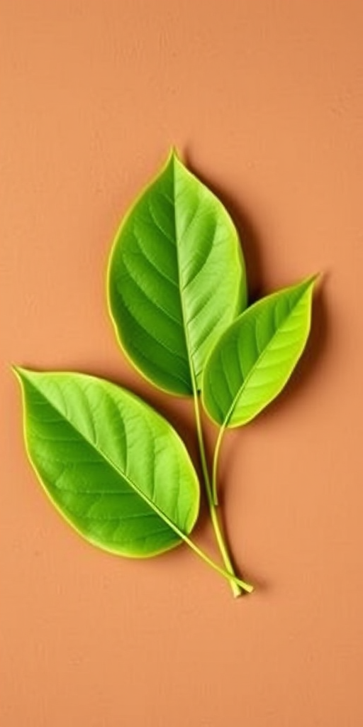 Create a high-resolution illustration of three green leaves on a brown circular background, using a macro lens at f/2.8, focusing on vibrant colors with a clean, flat lay composition shot on a DSLR camera.