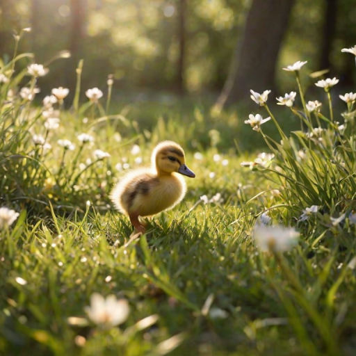 Softly focused photo of a baby duckling waddling through a grassy field, soft sunlight filtering through the surrounding trees, with distant flowers in full bloom.