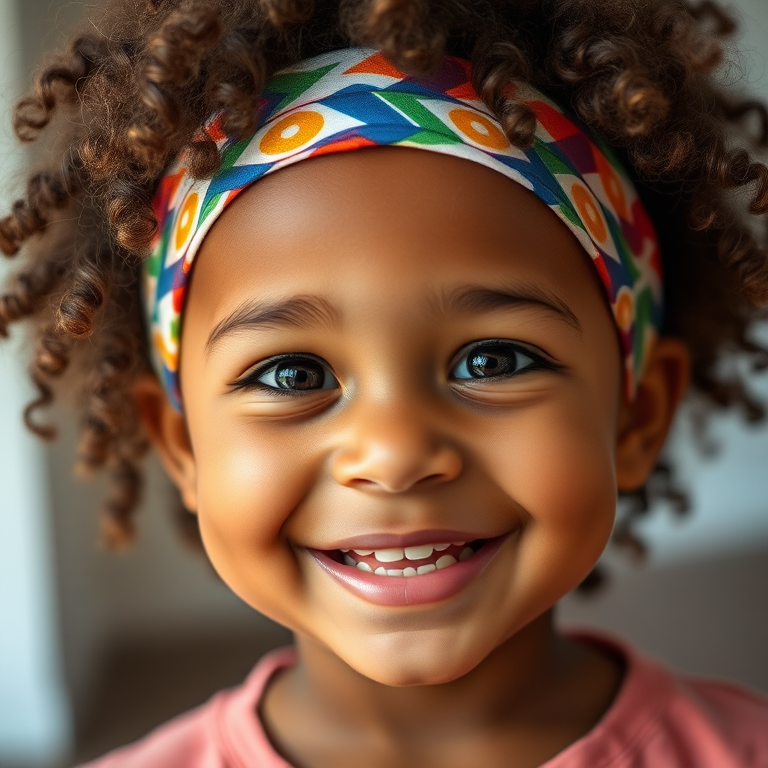Portrait of a smiling young child with curly hair wearing a colorful headband, soft focus background, natural light, 85mm lens, f/1.8 aperture, ISO 100, shallow depth of field, high dynamic range.