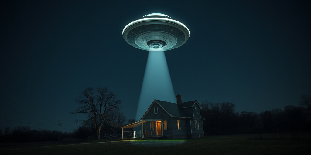 Create an image of a UFO hovering above a secluded house at night with a beam of light shining down, capturing the eerie atmosphere with a wide-angle lens, f/2.8 aperture, ISO 400, 24mm focal length, and a long exposure of 10 seconds for enhanced detail and light contrast.