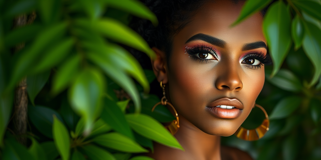 portrait of a woman with glittery eye makeup and large geometric earrings surrounded by lush green foliage, soft diffused lighting, f/1.8 aperture, ISO 100, 50mm lens, taken with a DSLR camera, natural light photography