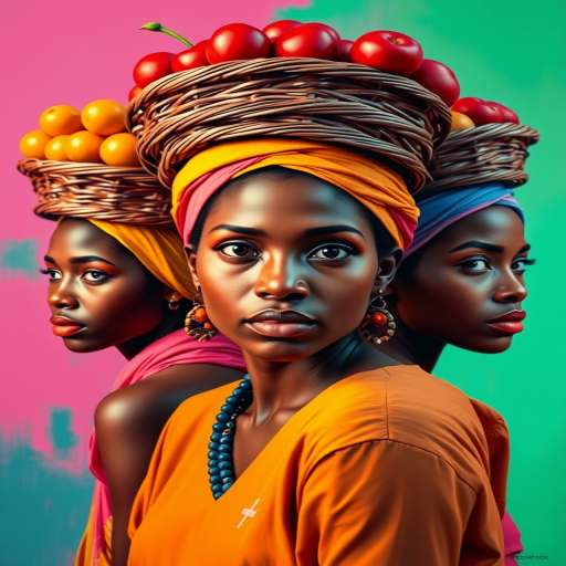 Create a vibrant digital painting of three women with colorful backgrounds, each wearing a basket of fruit on their heads, focusing on contrasting colors and expressive facial features, captured with a Canon EOS R5, f/2.8 aperture, ISO 100, 50mm lens, shot in portrait orientation to emphasize the subject's details.