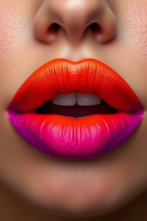 Mesmerizing ombre sunset lips transitioning from deep orange to vibrant purple, showcasing a gradient effect with a matte finish and defined cupid's bow